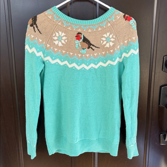 EUC Talbots Lambswool Blend Bird Fair Isle Sweater Teal Size Small - Picture 8 of 9